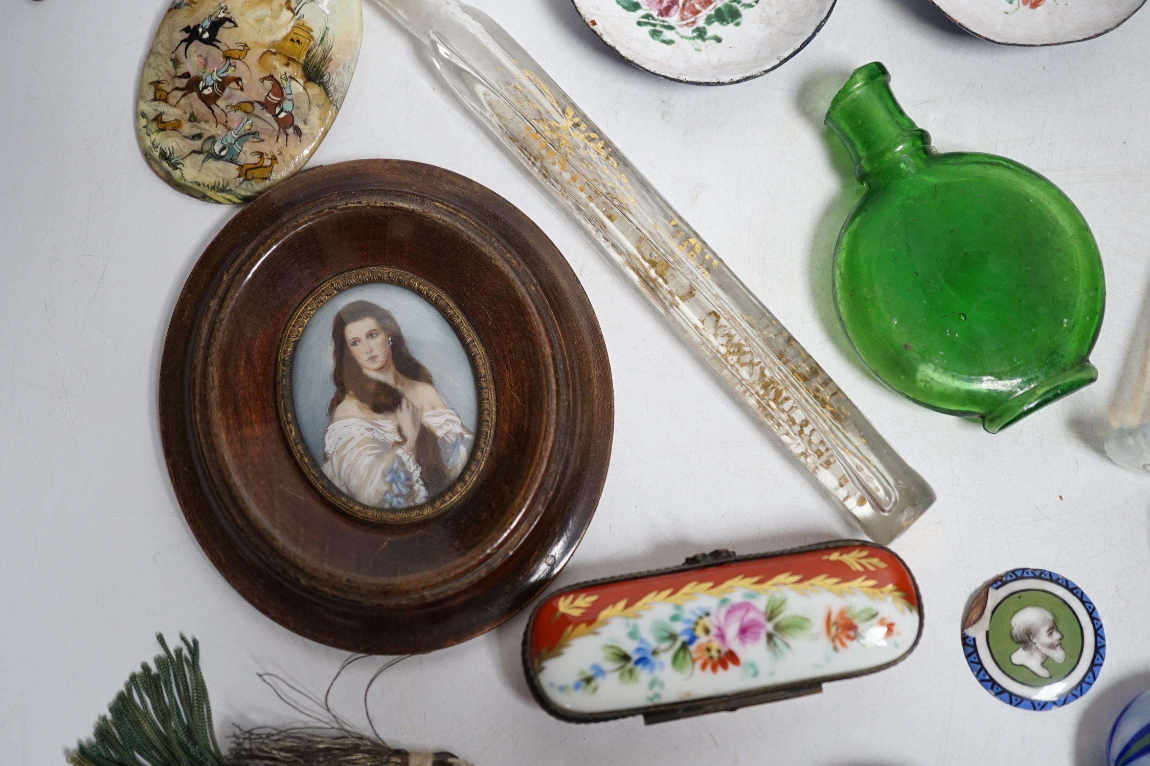 A collection of scent bottles, a miniature antiquity vessel and a miniature of a lady